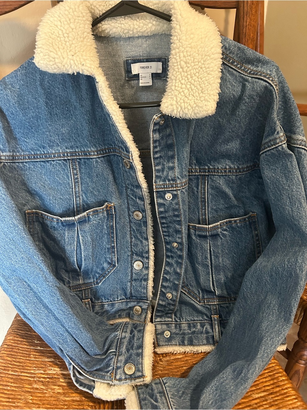 Forever 21 Blue Denim Jacket with Cream Sherpa Collar